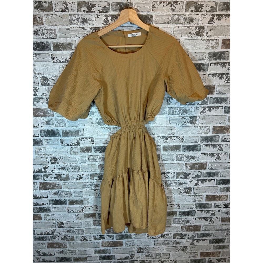Madewell Cutout Mini Dress Womens XXS Tan Seersucker Puff Sleeve Tiered